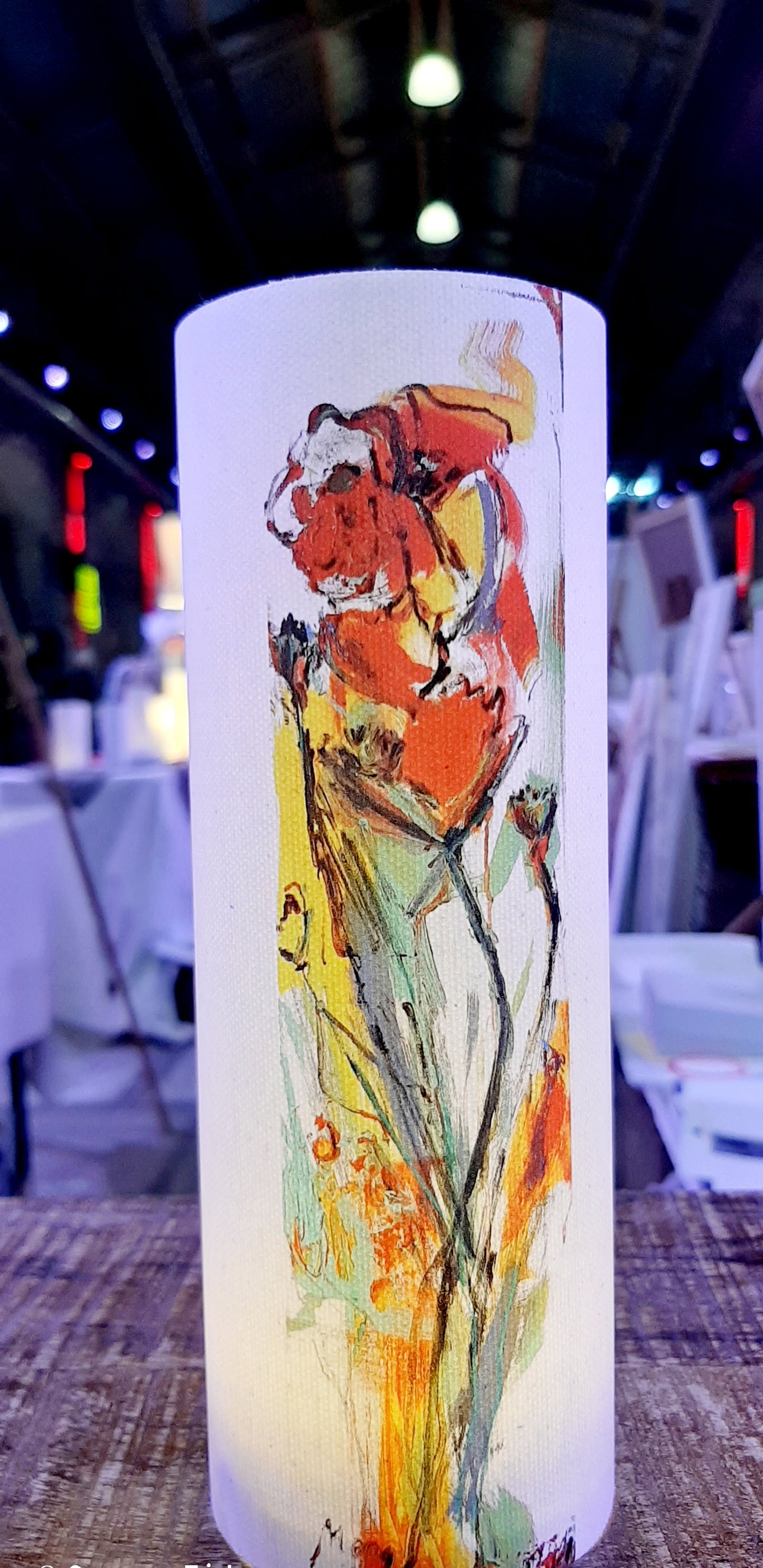 Tischlampe /Blumen-Tanz/ Leinwanddruck auf Glas mit LED Birne warmweiß oder auch als Solarlampe