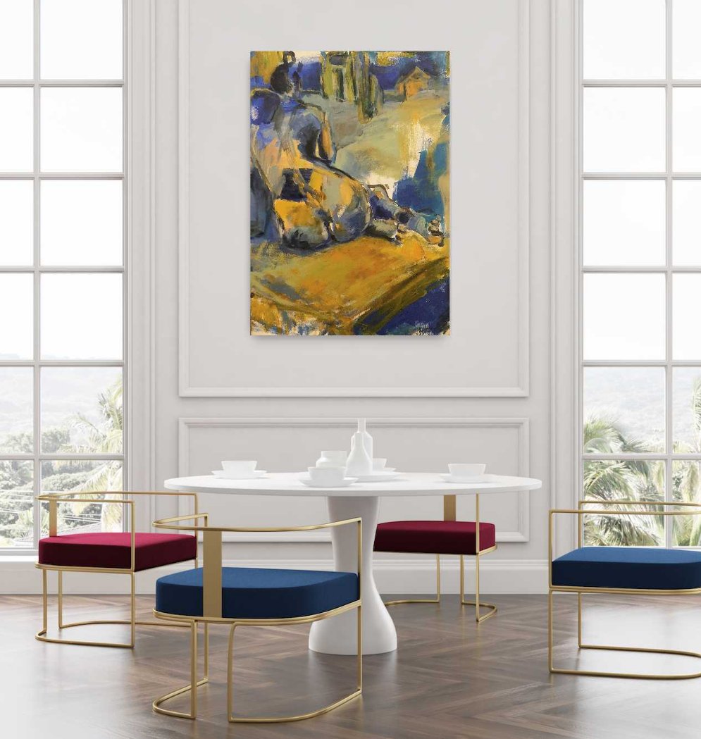 Frau in Blau und Ocker Original 50x70cm Acryl auf Leinwand