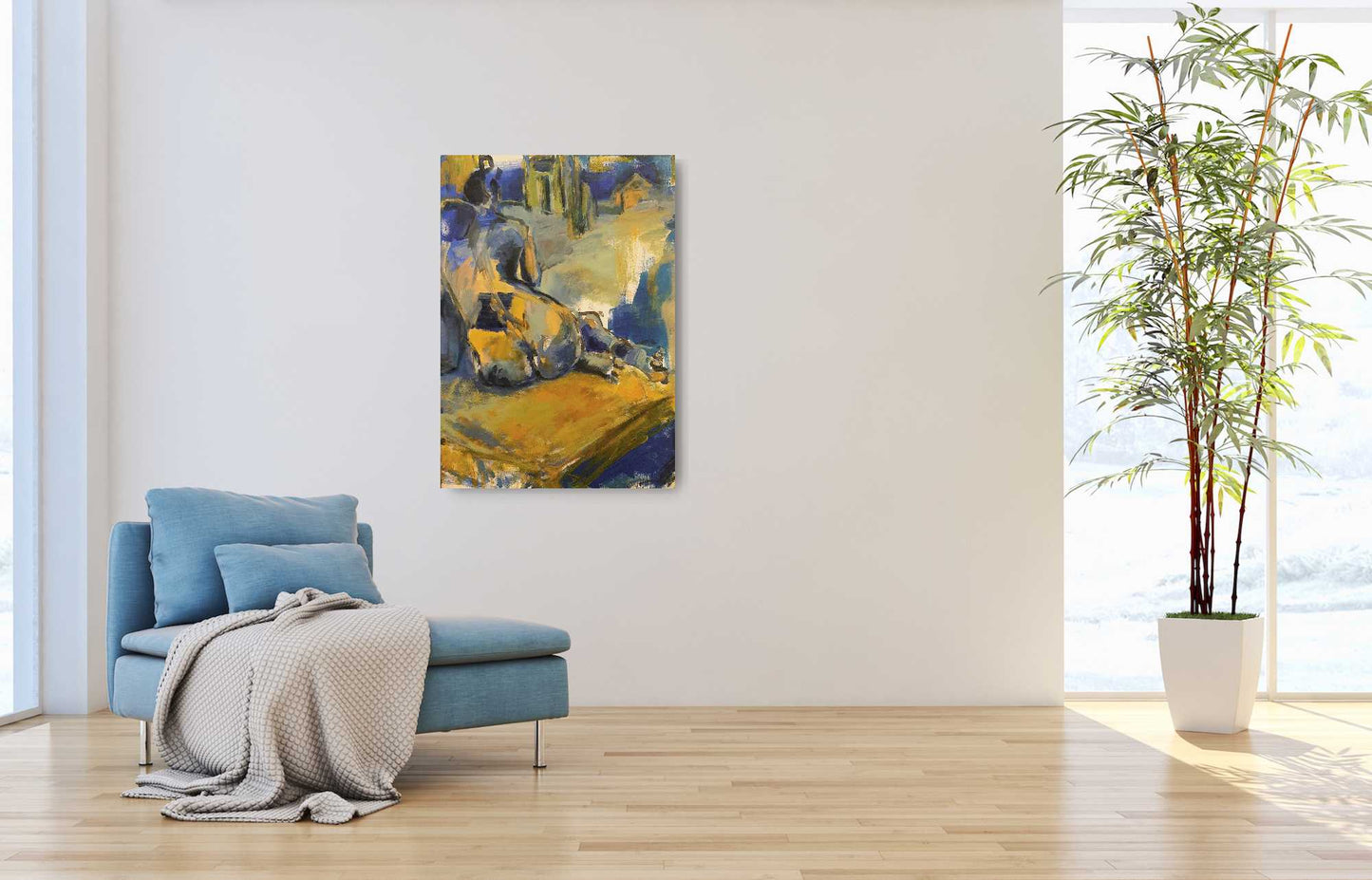 Frau in Blau und Ocker Original 50x70cm Acryl auf Leinwand