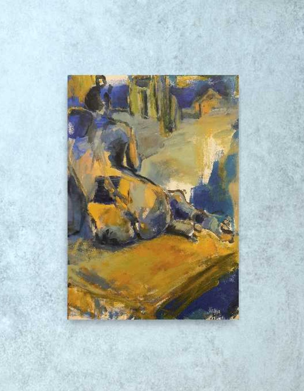 Frau in Blau und Ocker Original 50x70cm Acryl auf Leinwand