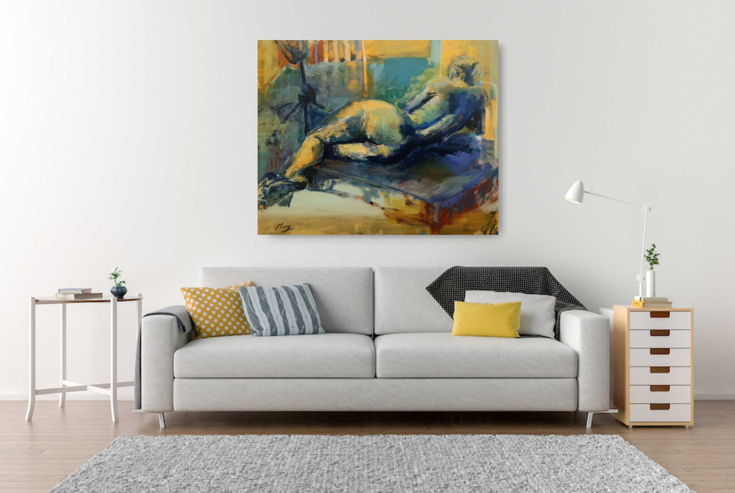 Frau sein - Liegende in blau und gelb, Harmonie der Weiblichkeit / Acryl auf Leinwand - 80x100cm Verkauft