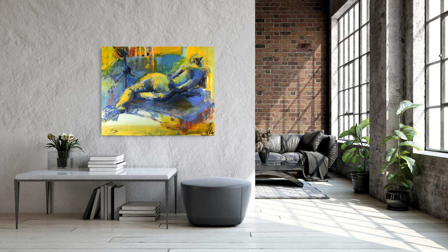 Frau sein - Liegende in blau und gelb, Harmonie der Weiblichkeit / Acryl auf Leinwand - 80x100cm Verkauft