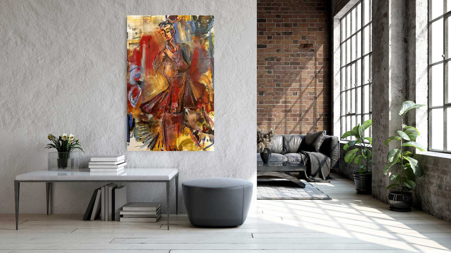 Tanz in rotem Kleid - Acryl auf Leinwand - 100 x 140cm ( Bordeaux-rot)