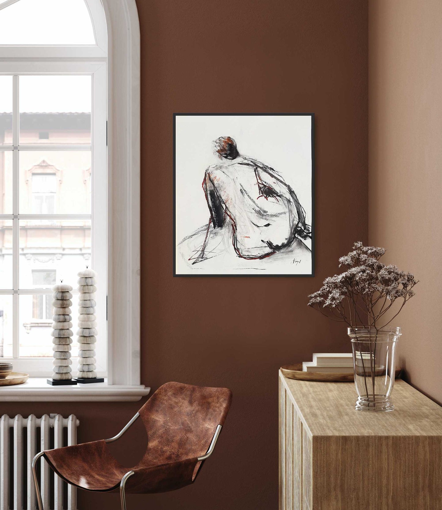Klassischer Rückenakt - Mit Goldrahmen - Kohle, Rötel auf Papier - 50x60cm verkauft