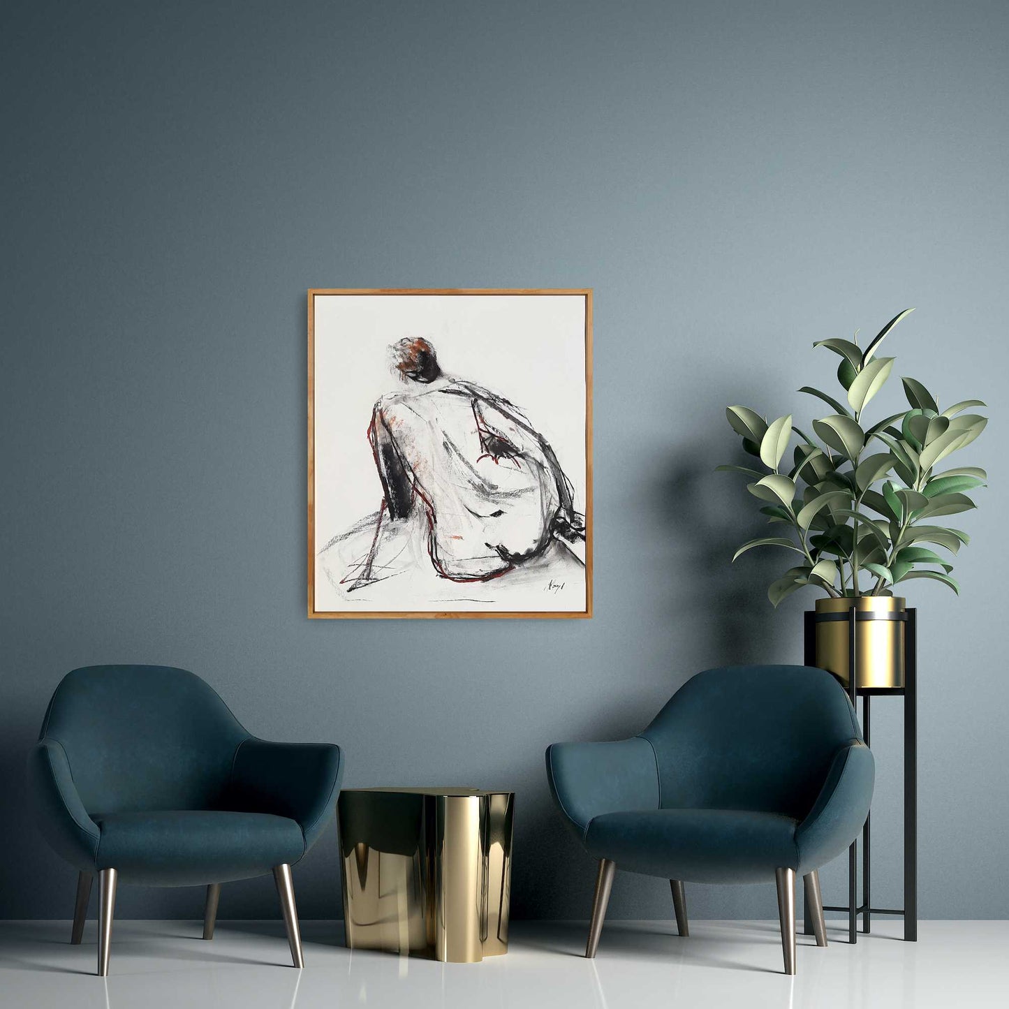 Klassischer Rückenakt - Mit Goldrahmen - Kohle, Rötel auf Papier - 50x60cm verkauft