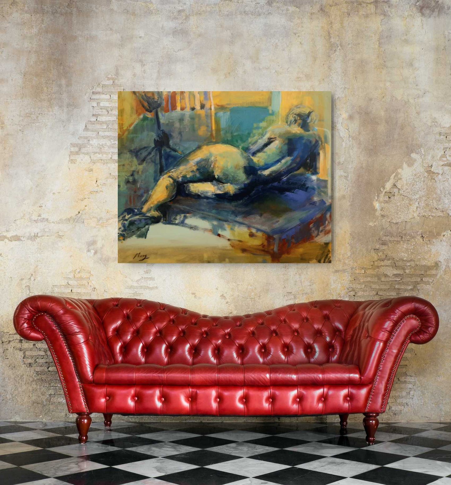 Frau sein - Liegende in blau und gelb, Harmonie der Weiblichkeit / Acryl auf Leinwand - 80x100cm Verkauft