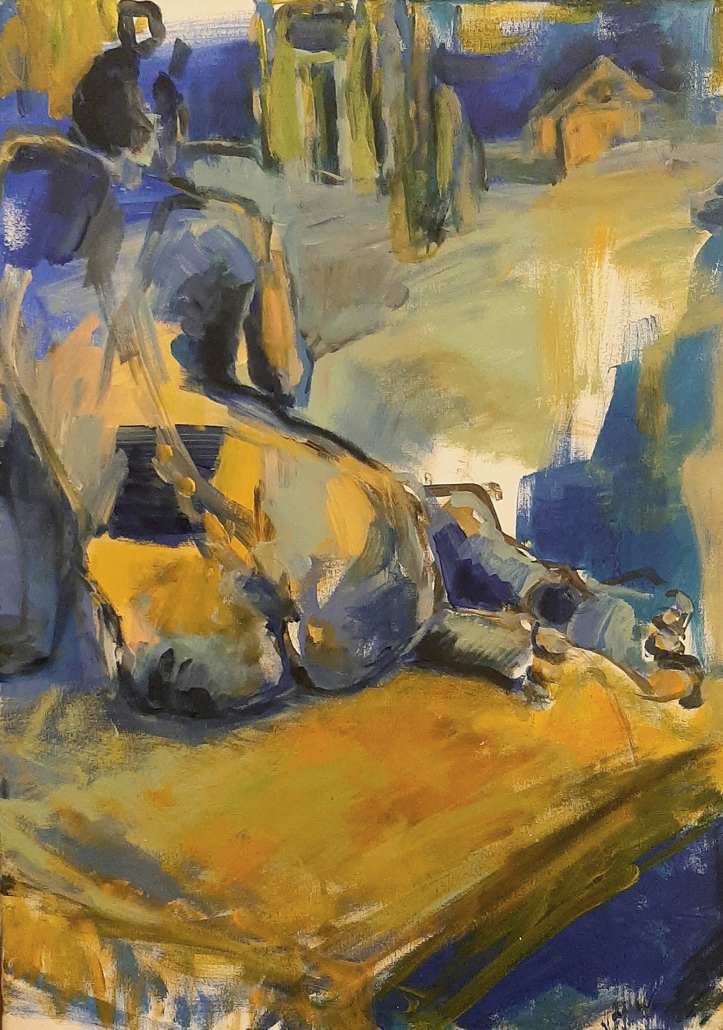 Frau in Blau und Ocker Original 50x70cm Acryl auf Leinwand