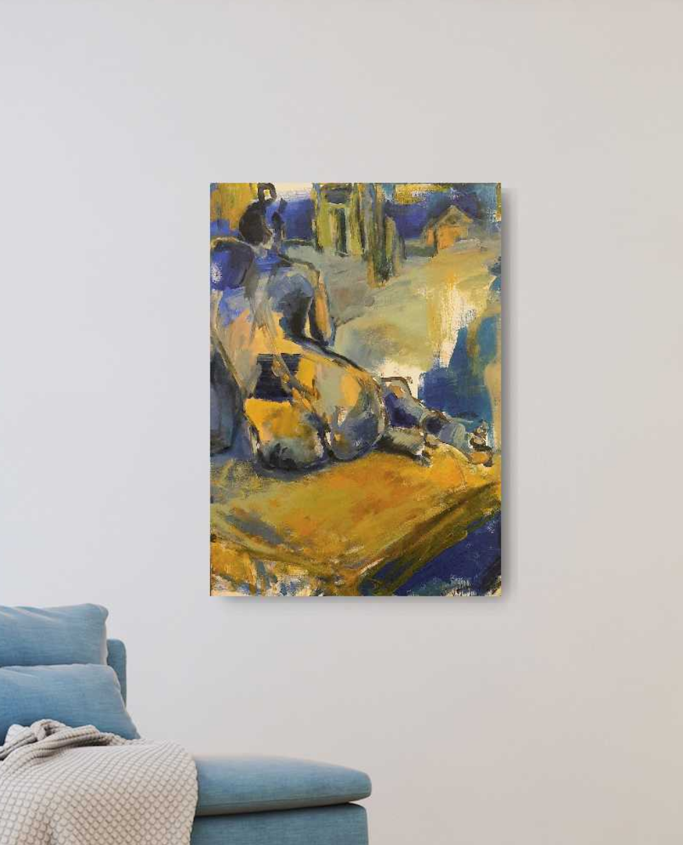 Frau in Blau und Ocker Original 50x70cm Acryl auf Leinwand