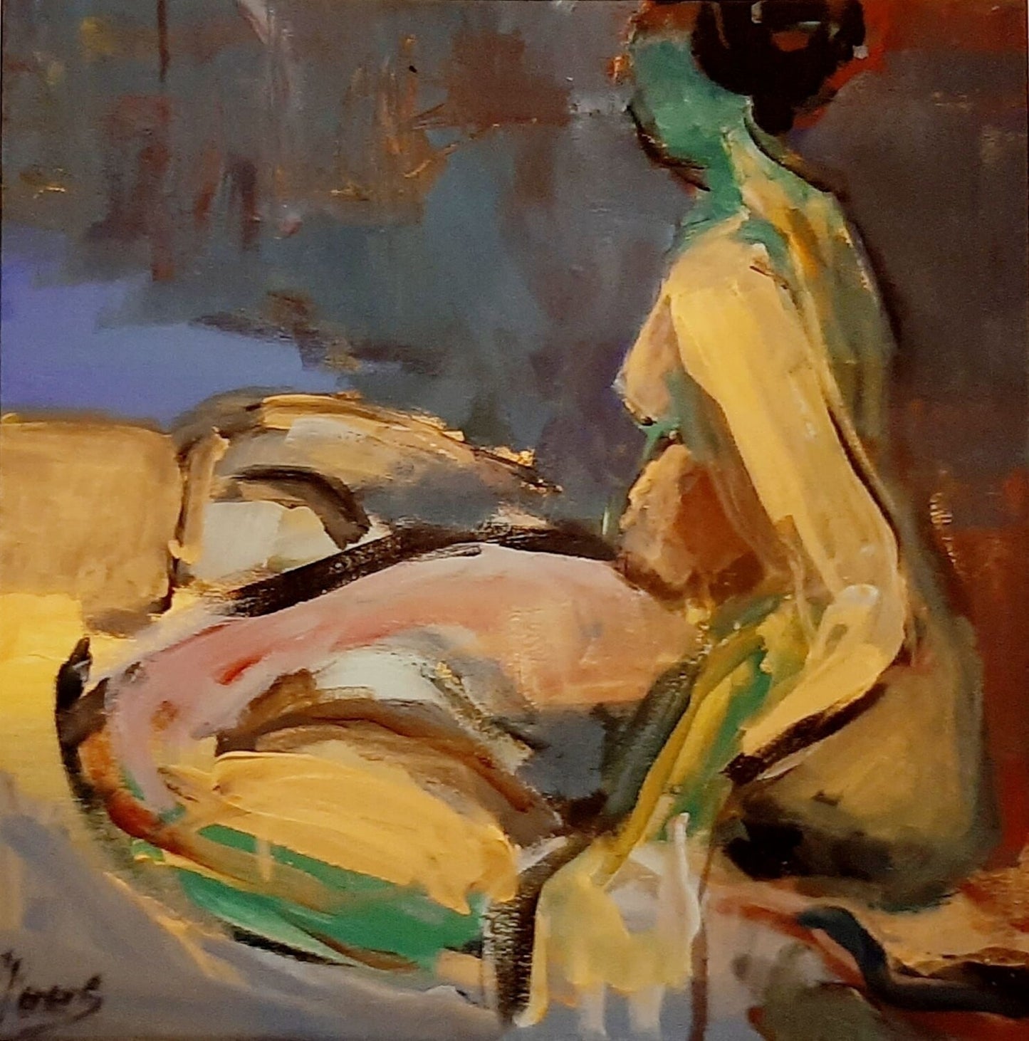 Klassischer Akt, die Sitzende Frau im Raum ( Grün und Ocker )