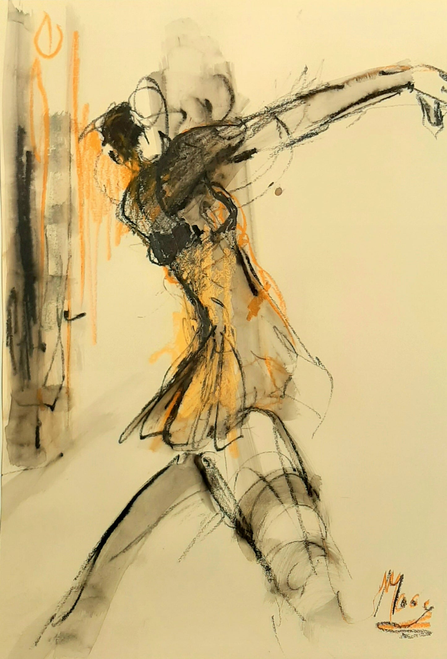 Tanz im Tango - Tusche, Ölkreide auf braunem Natur-Papier - 30x40 cm Verkauft