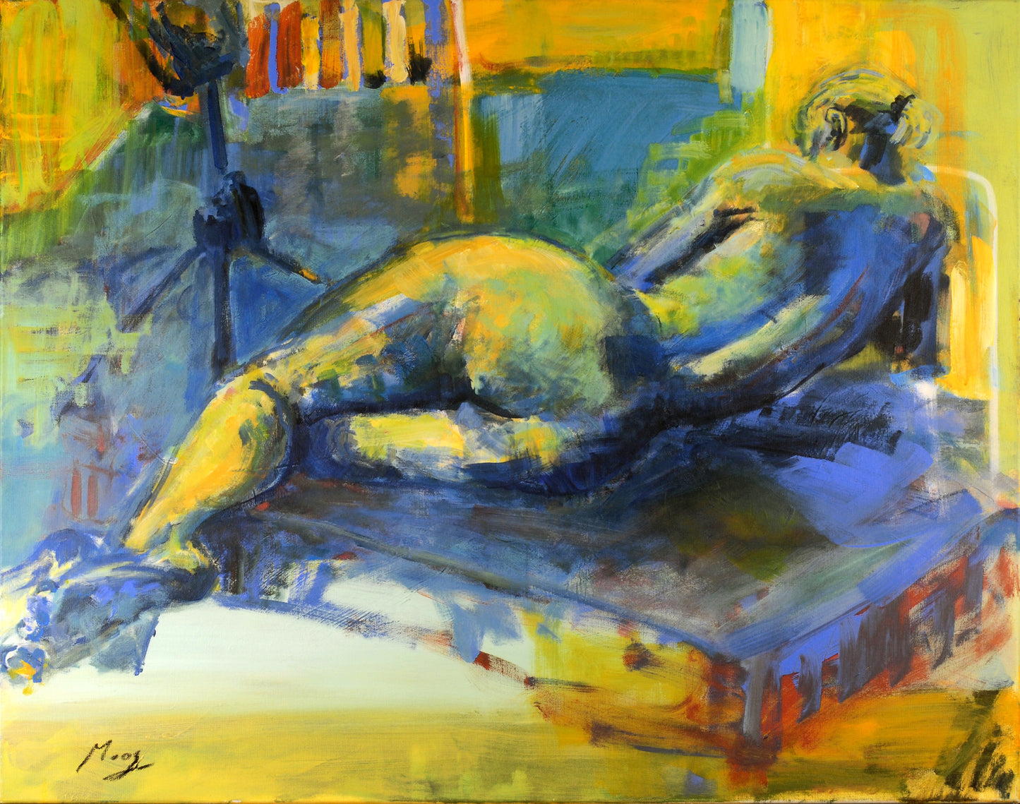 Frau sein - Liegende in blau und gelb, Harmonie der Weiblichkeit / Acryl auf Leinwand - 80x100cm Verkauft