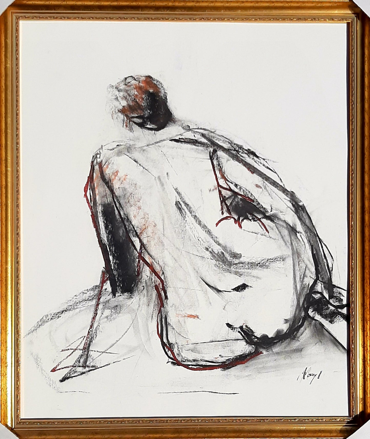 Klassischer Rückenakt - Mit Goldrahmen - Kohle, Rötel auf Papier - 50x60cm verkauft