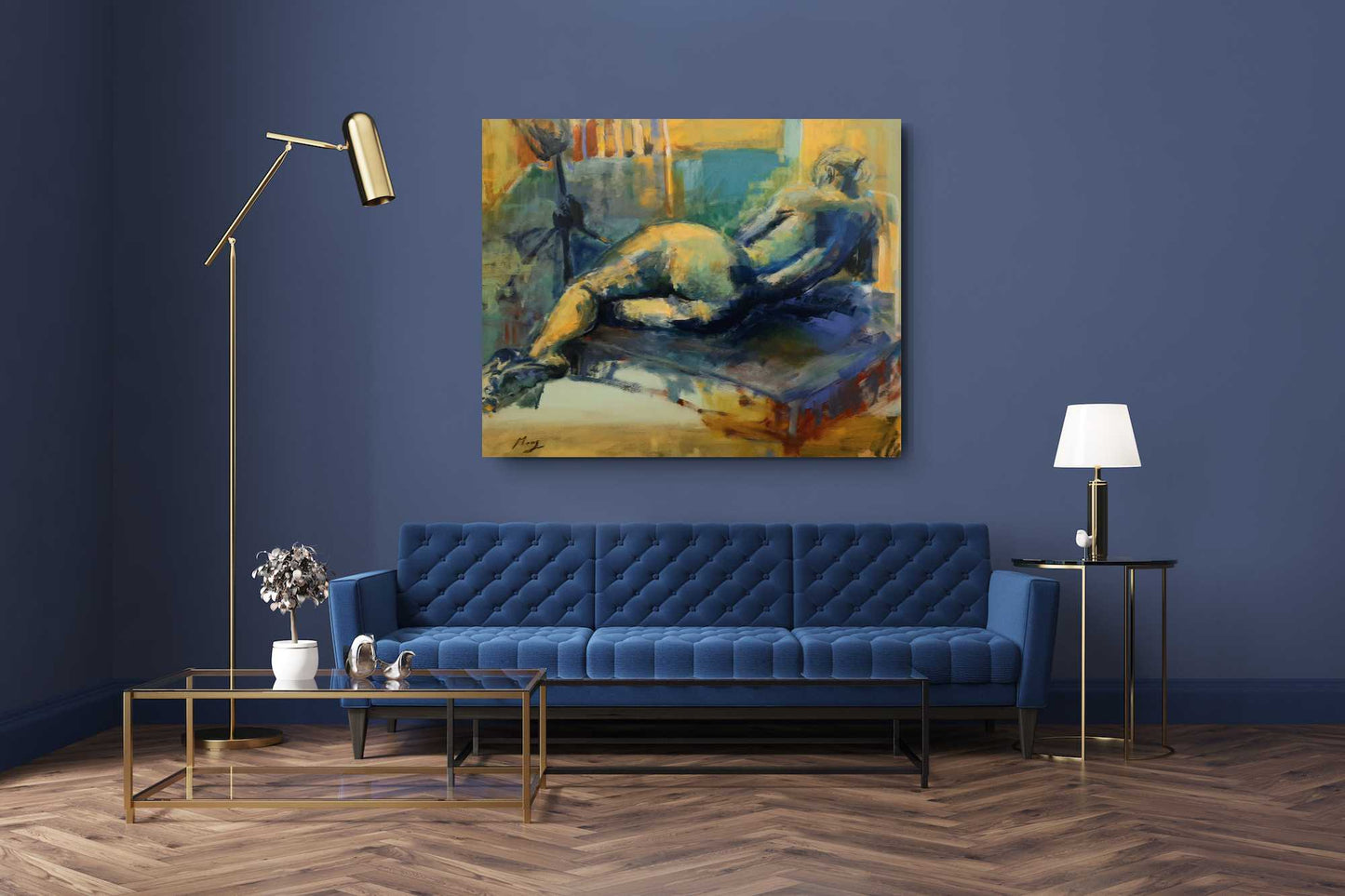 Frau sein - Liegende in blau und gelb, Harmonie der Weiblichkeit / Acryl auf Leinwand - 80x100cm