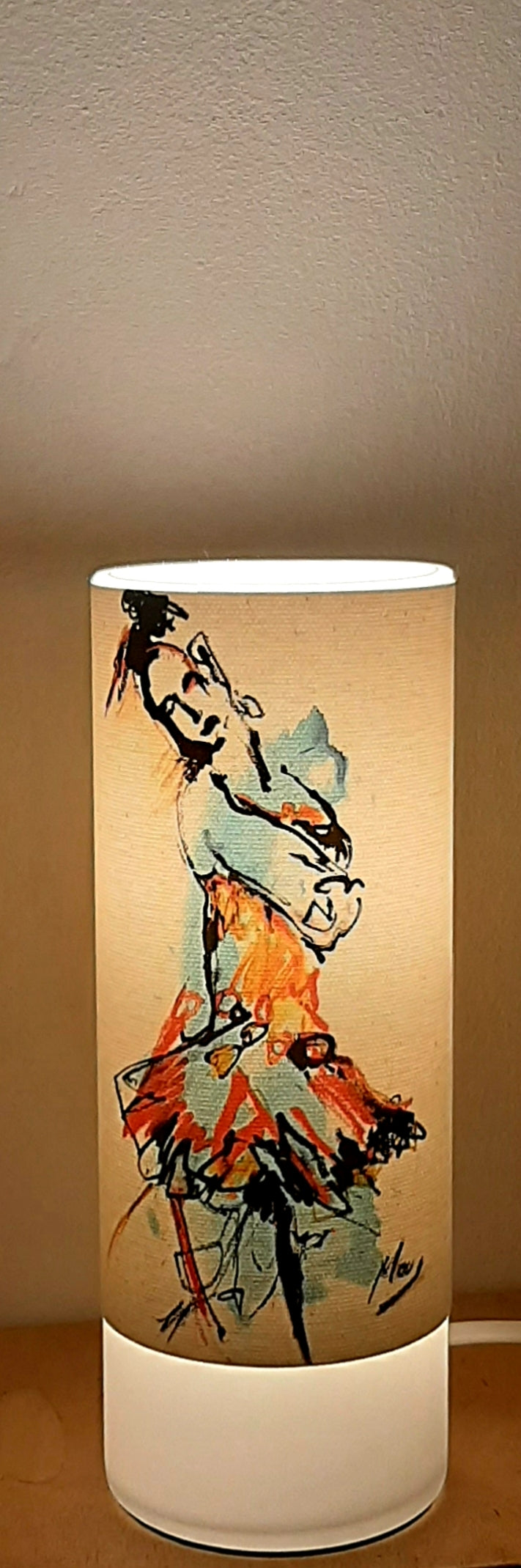 Tischlampe mit Kunstdruck auf Glas mit LED Birne warmweiß