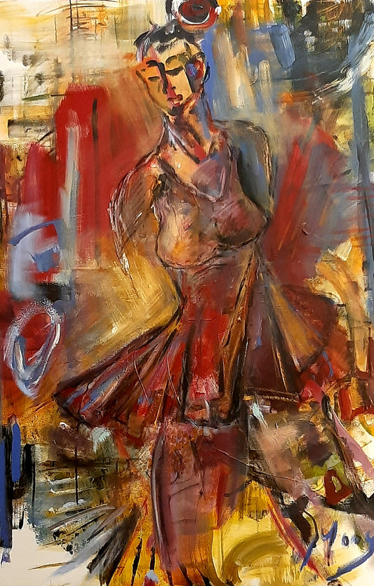 Tanz in rotem Kleid - Acryl auf Leinwand - 100 x 140cm ( Bordeaux-rot)